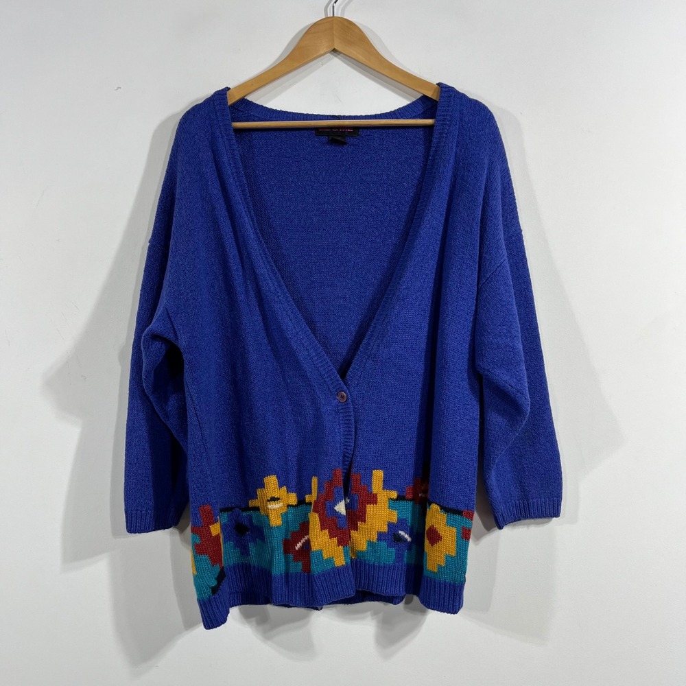 Liz & Me VTG 90s Folk Cottagecore Intarsia Knit Cardigan Sweater Boho Medium